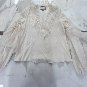 Alexis Alvinna Silk Deep-V Blouse Ruffled Trim